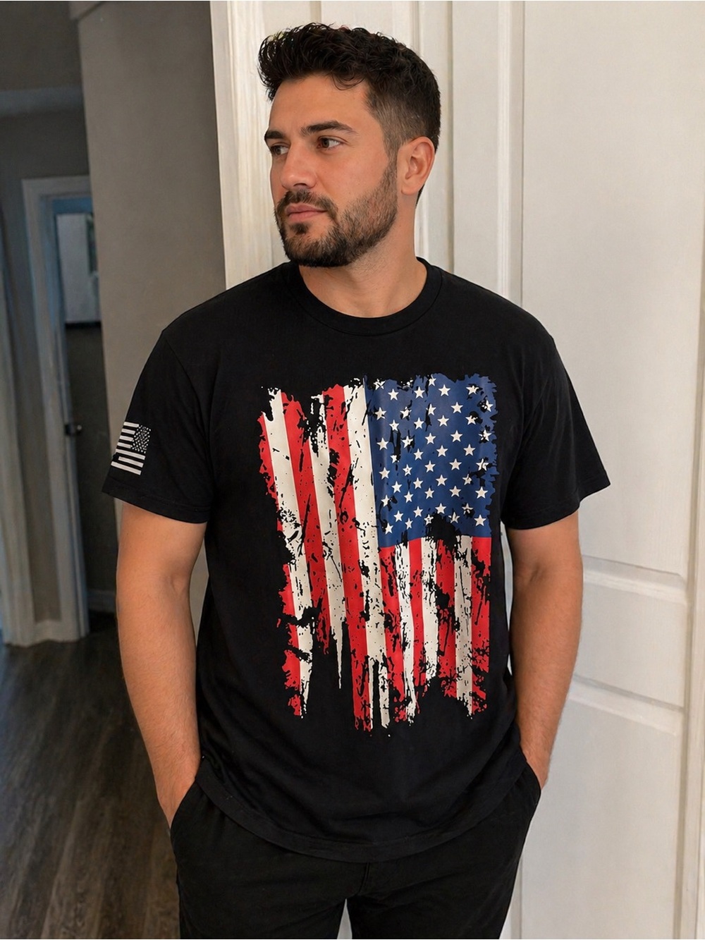 Men's Black Short-Sleeve Crewneck Tee with Distressed American Flag Graphic
